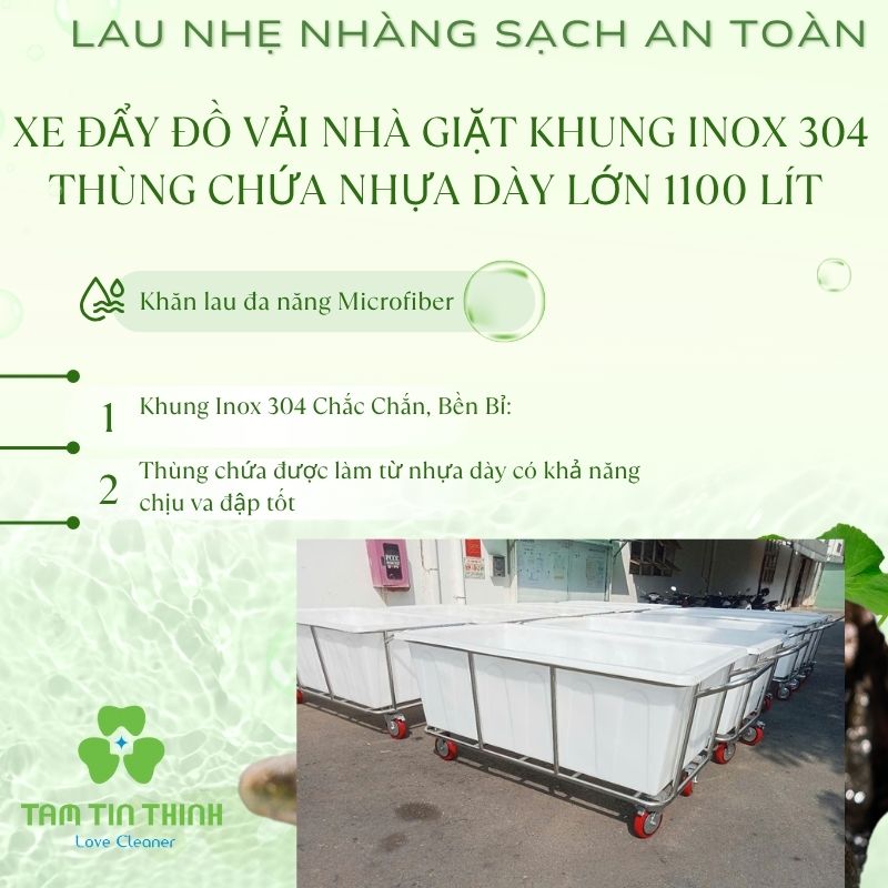 Xe Đẩy Dọn Vệ Sinh Chuyên Dụng 2 Xe Đẩy Đồ Vải Nhà Giặt Khung Inox 304