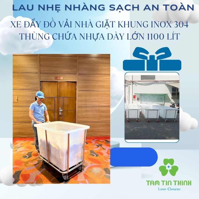 Xe Đẩy Đồ Vải Thùng Nhựa 500 Lít 2 Xe Đẩy Đồ Vải Nhà Giặt Khung Inox 304